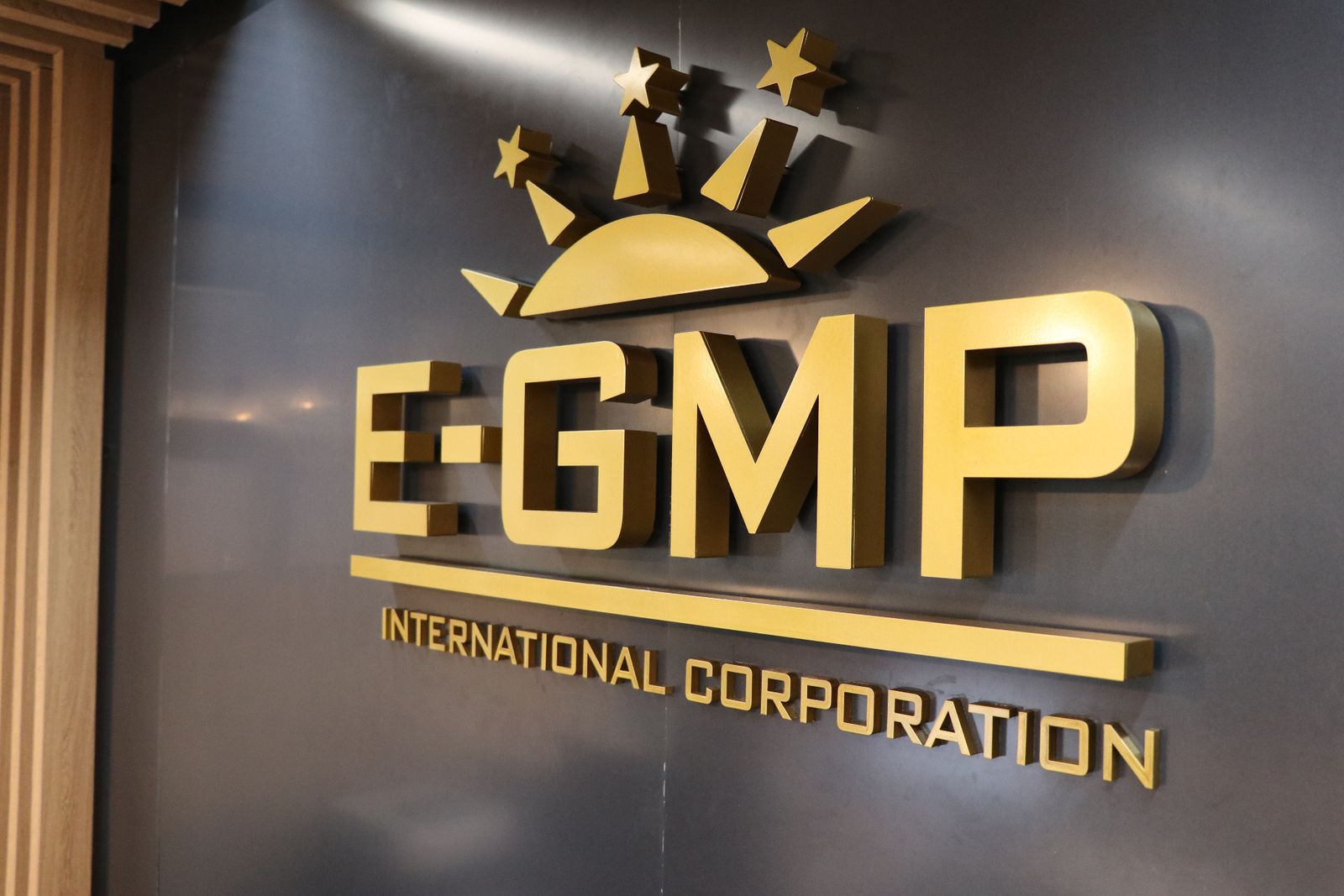 The E-GMP International Corporation sign in the company's office